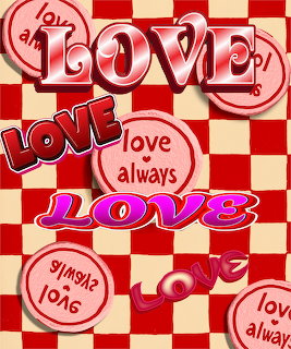 Pink and red love words and heart designs on a red and cream checkerboard background