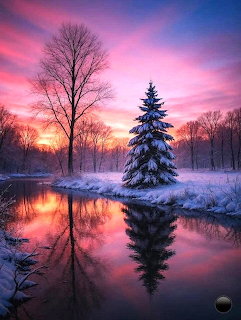 Snow-covered pine tree reflected in a pond at sunset with pink and purple sky in winter