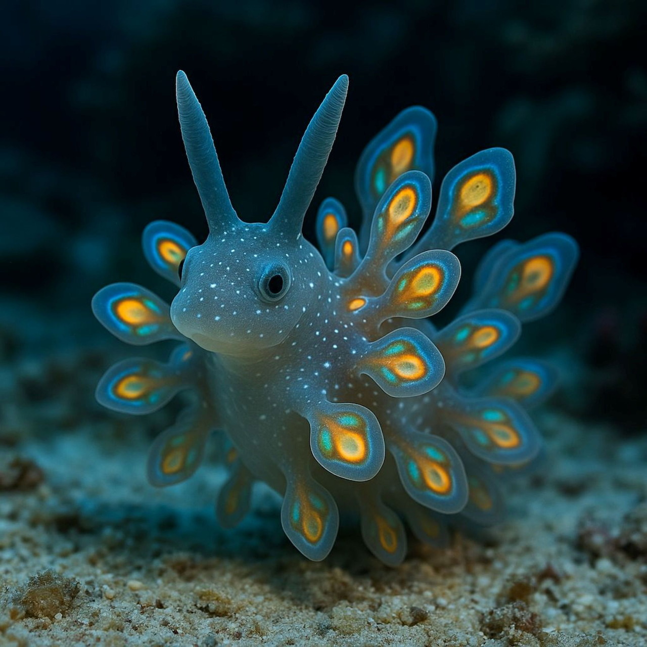 Blue nudibranch with orange and blue eyespots on ornate appendages resting on sandy seafloor