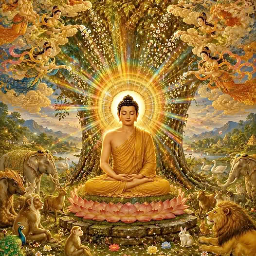 Buddha seated in lotus position with golden halo and ornate traditional Buddhist artwork background