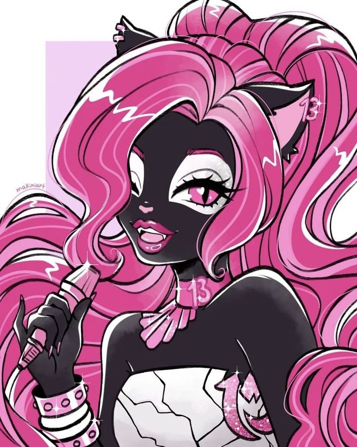 Illustration of Catty Noir from Monster High with long pink hair, cat ears, and a microphone