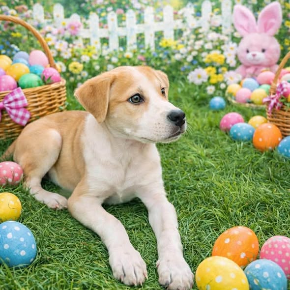 Tan puppy lying on grass among colorful Easter eggs with a basket and pink bunny behind