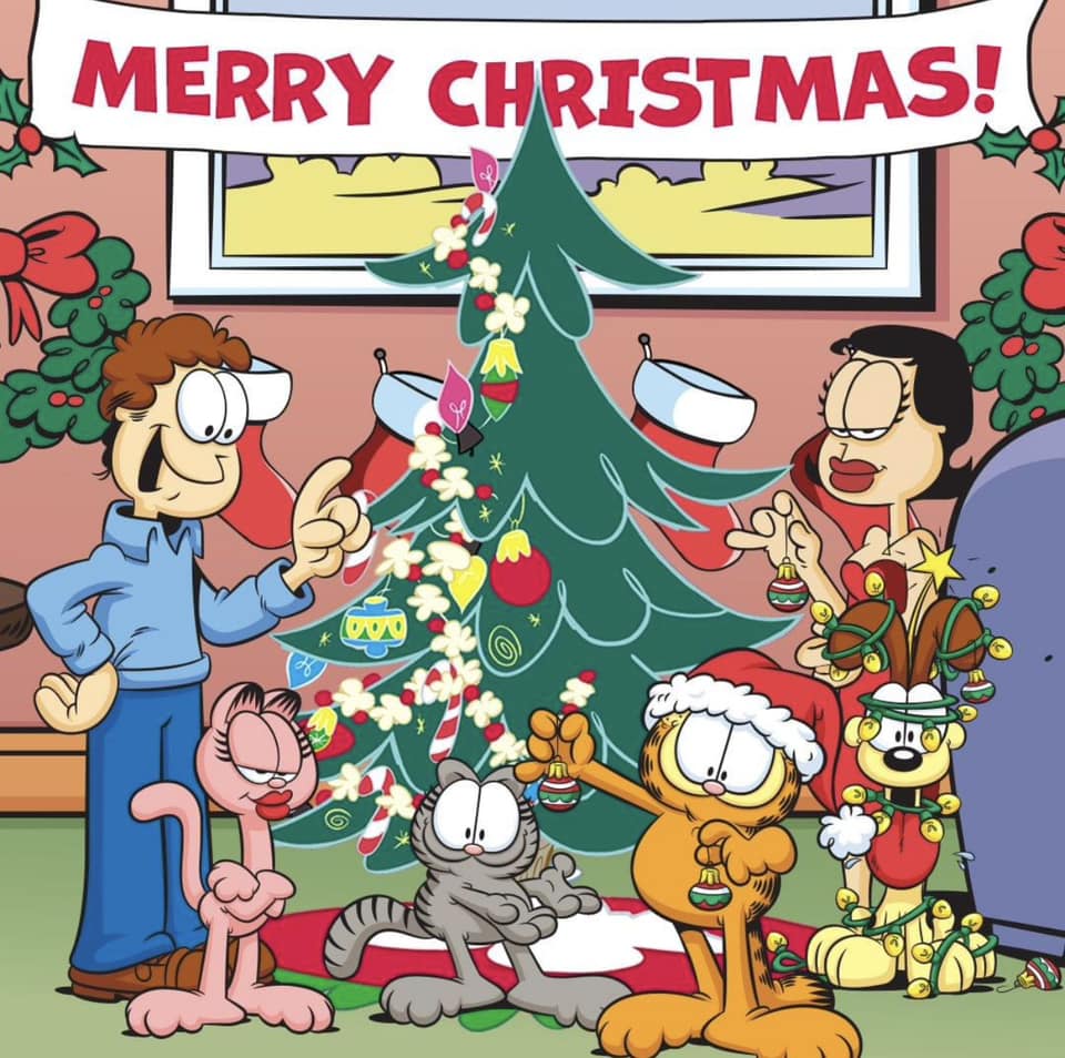 Cartoon family and pets celebrating Christmas around decorated tree indoors