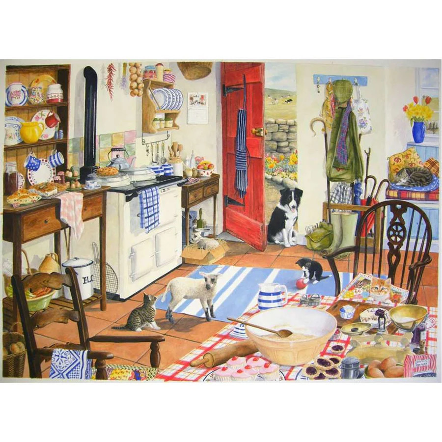 Rustic farmhouse kitchen with wooden table, cats, dishes, red door, and cozy country decor