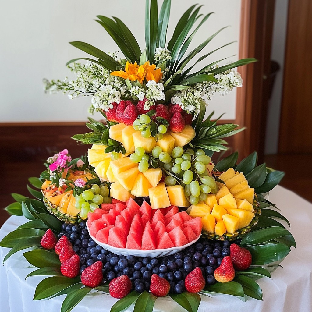 Multi-tiered tropical fruit arrangement with melons, berries, pineapple and decorative foliage on white tablecloth