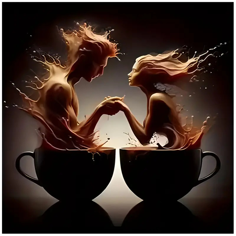 Stylized couple emerging from two coffee cups and reaching toward each other
