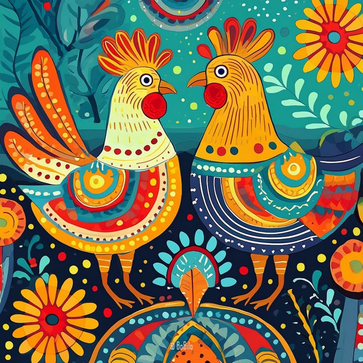Vibrant folk art chickens with colorful patterns and flowers on dark background