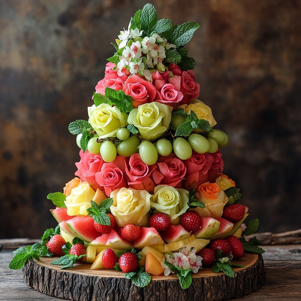 Tiered cake tower decorated with colorful fruits, flowers, and berries on rustic wooden stand