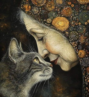 Woman in profile tenderly facing a tabby cat with ornate golden pattern background