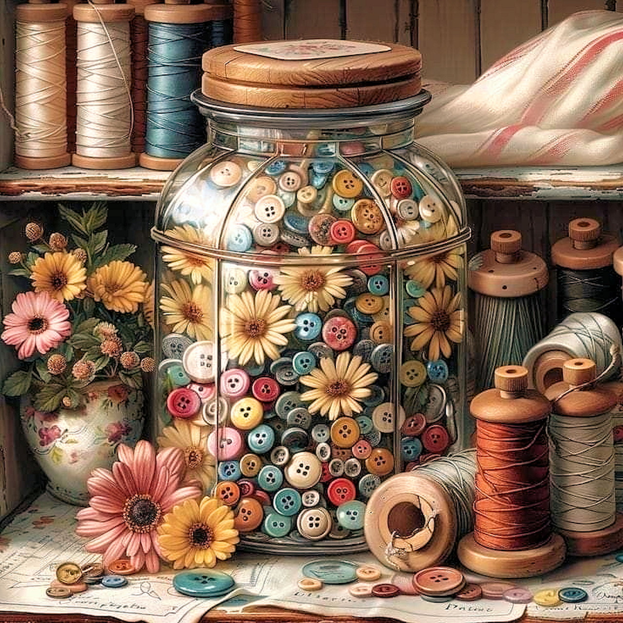 Glass jar filled with daisy buttons among vintage thread spools and flowers