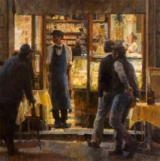 Painting of several people outside a lit shop entrance with a worker in the doorway