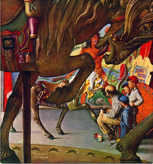 Artist painting carousel horse while children observe in vintage carnival scene by Norman Rockwell