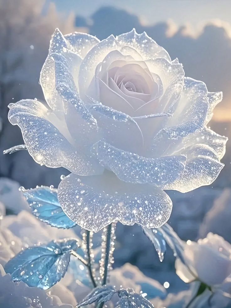 Close-up of a sparkling white rose with frost and water droplets in a snowy winter setting