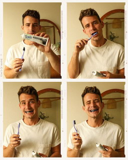 Four-panel collage of a man holding toothpaste and brushing his teeth in a bathroom