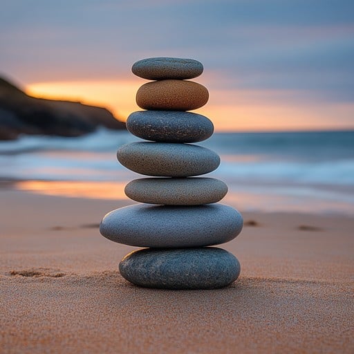 Stacked smooth stones on a sandy beach at sunset with blurred ocean behind
