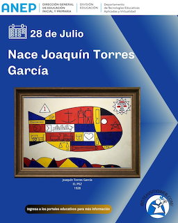 Educational poster about Joaquín Torres García's birthday featuring his constructivist fish painting in a wooden frame