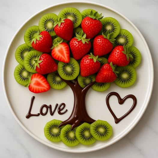 Decorative plate with strawberries and kiwi arranged as a tree with chocolate 'Love' text and heart
