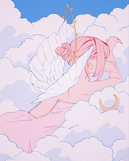 Pink Haired Angel in Clouds