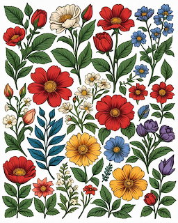 Colorful illustrated garden flowers with red, yellow, blue and purple blooms and green foliage on white background