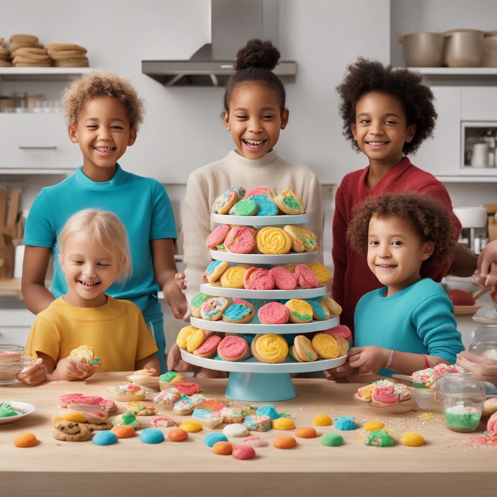 Five children in a kitchen making colorful decorated cookies around a table