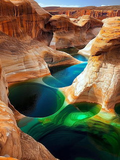 Turquoise water pools in Reflection Canyon surrounded by orange and tan sandstone walls