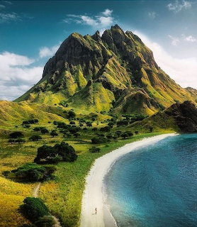 Aerial view of Padar Island Indonesia with green volcanic peak, white sand beach and turquoise water