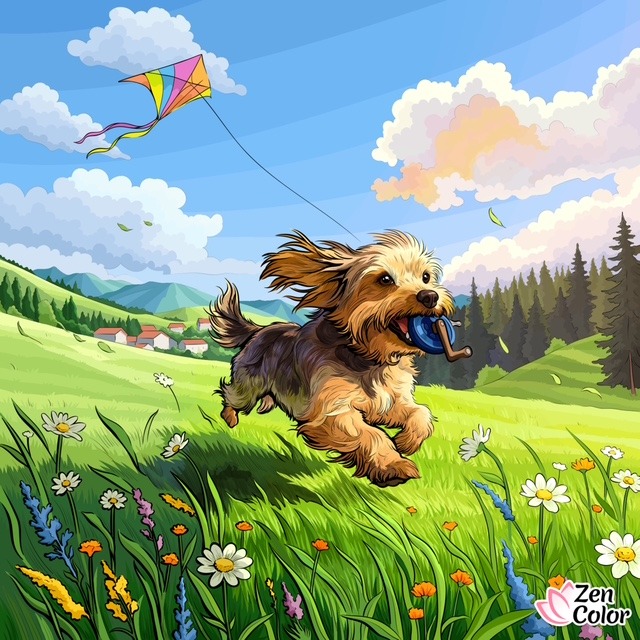 Illustrated fluffy dog running through a flowered meadow under a colorful kite