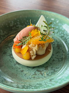 Elegant dessert plate with yellow fruit, cream, and herbs on turquoise ceramic