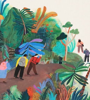 Colorful illustration of people hiking on a tropical hillside with lush stylized vegetation