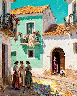 Painting of women in traditional dresses gathered on a sunny cobblestone street with colorful Mediterranean buildings