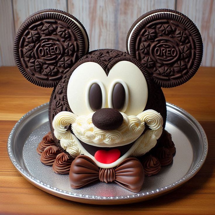 Chocolate Mickey Mouse cake with Oreo ears, frosting face, and a bow tie on a silver platter