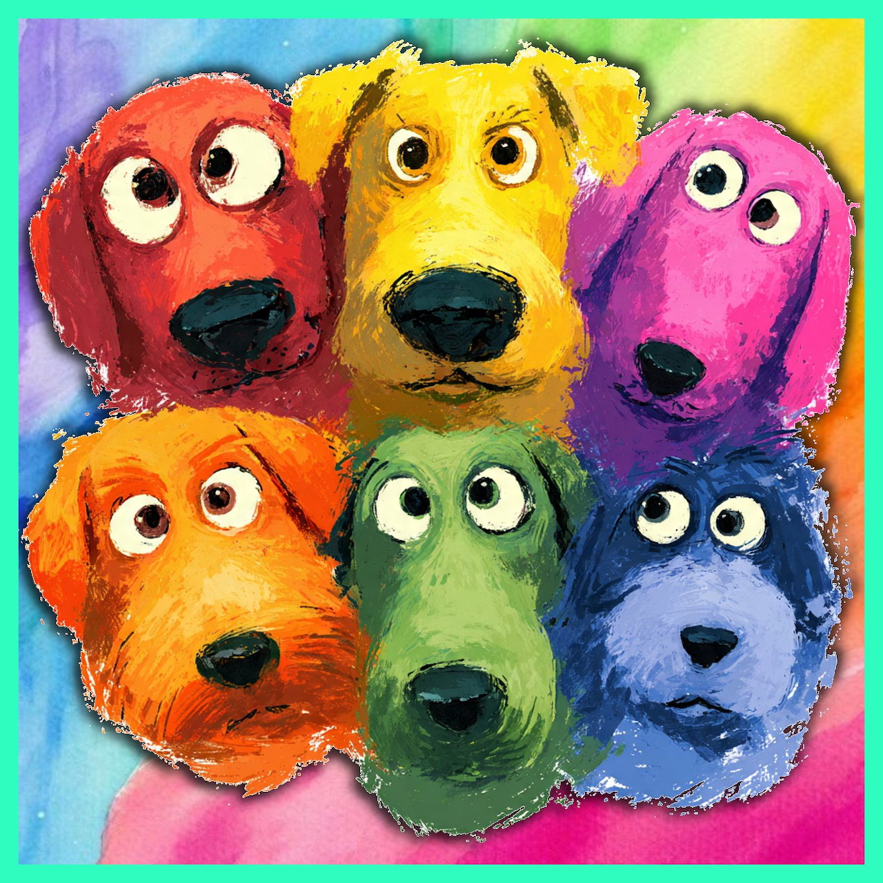 Six cartoon dogs in rainbow colors with big eyes on colorful background