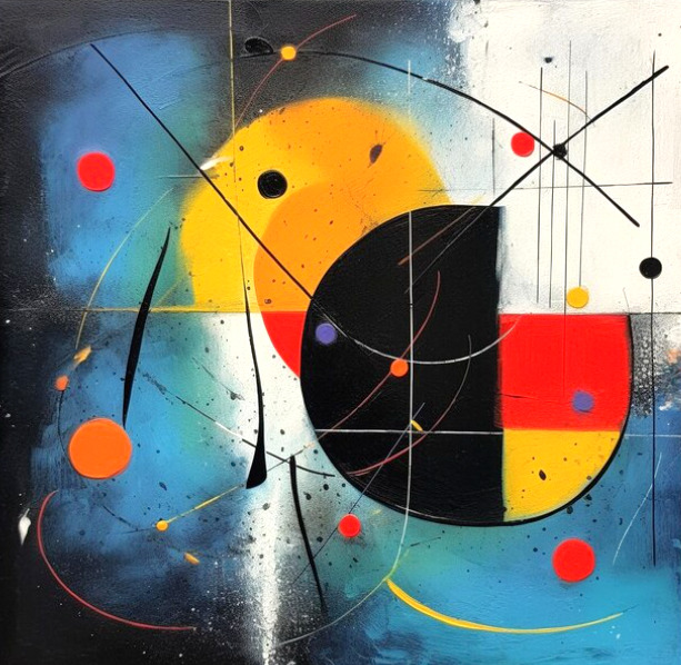 Abstract geometric painting with circles, arcs, and colorful shapes on a dark background