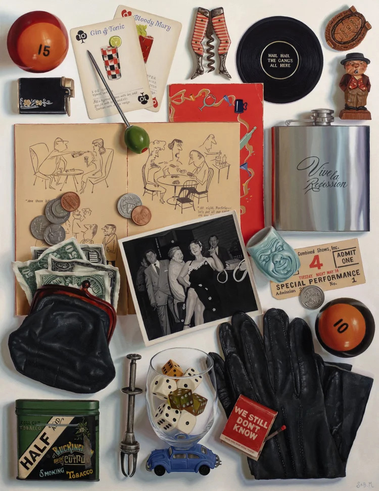 Flat-lay arrangement of vintage items: flask, vinyl record, leather gloves, coins, old photos, playing cards, and small collectibles