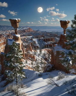 Snow-covered Bryce Canyon hoodoos with full moon in blue sky and pine trees