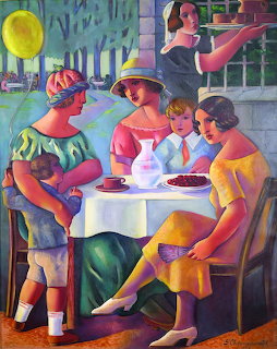 Modernist painting of four women in colorful attire seated at a white-clothed table in an outdoor café setting