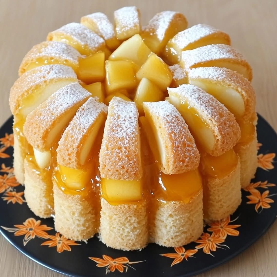 Peach charlotte cake with ladyfingers and diced peaches on a dark plate with floral design