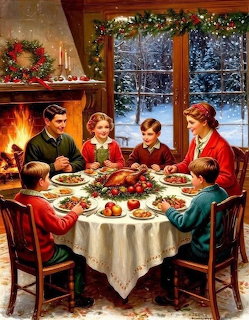 Painted scene of a family gathered around a Christmas dinner table by a fireplace with snowy window view