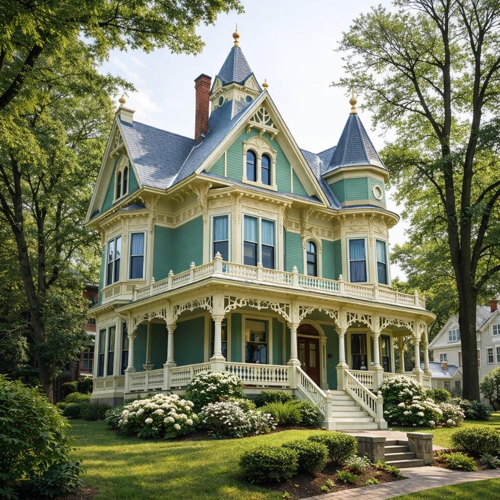 Large Victorian mansion with turrets, wraparound porch, and ornate architectural details surrounded by trees