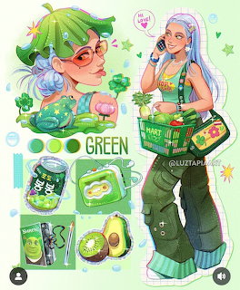 Digital art of two stylized girls in green outfits with green food and accessory motifs
