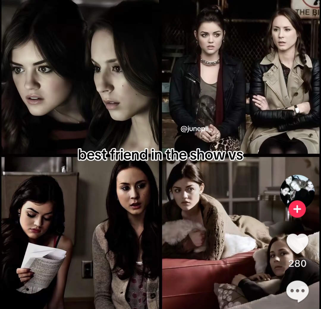 Collage of dramatic TV stills showing several young women indoors with a caption in the middle