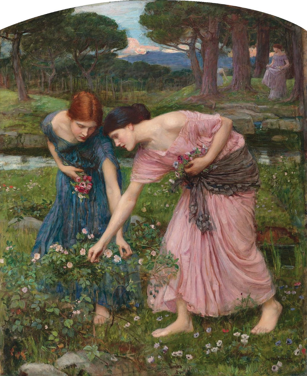 Two women in blue and pink dresses picking flowers in a pastoral meadow scene, classical oil painting style
