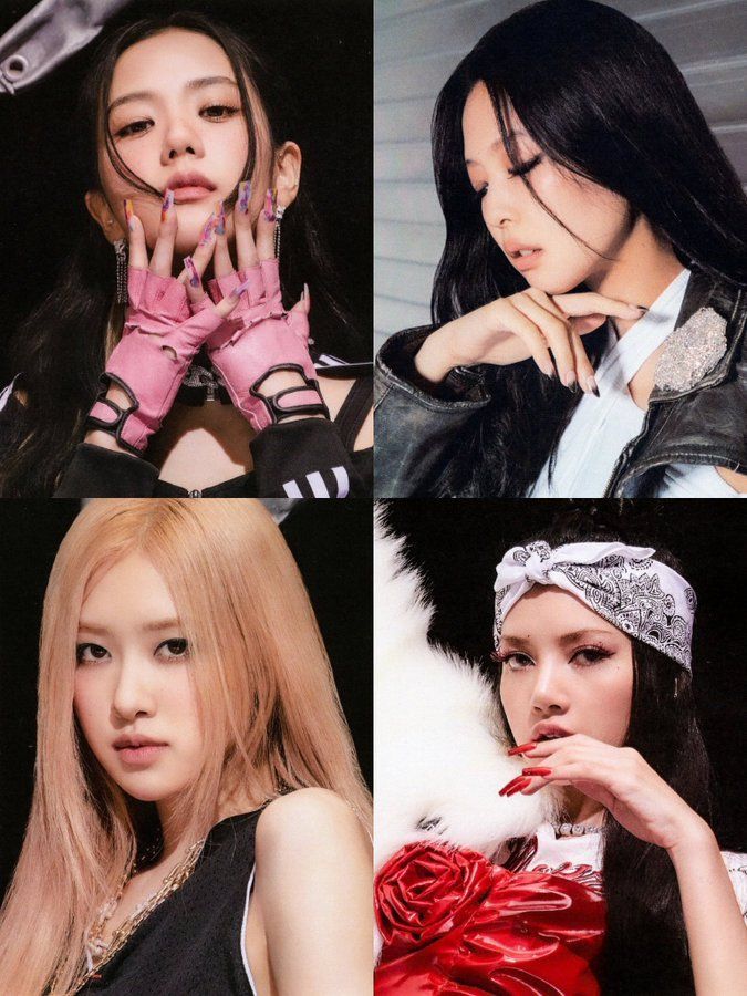 Four Blackpink K-pop group members in stylish outfits with bold makeup in a 2x2 collage
