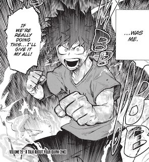 Manga panel of Izuku Midoriya clenching his fists with determination and action effects