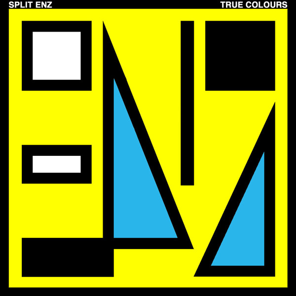 Split Enz True Colours album cover with bold yellow, black, blue and white geometric shapes