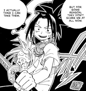 Manga panel of Yoh Asakura smiling and holding a sword with speech bubbles in black and white