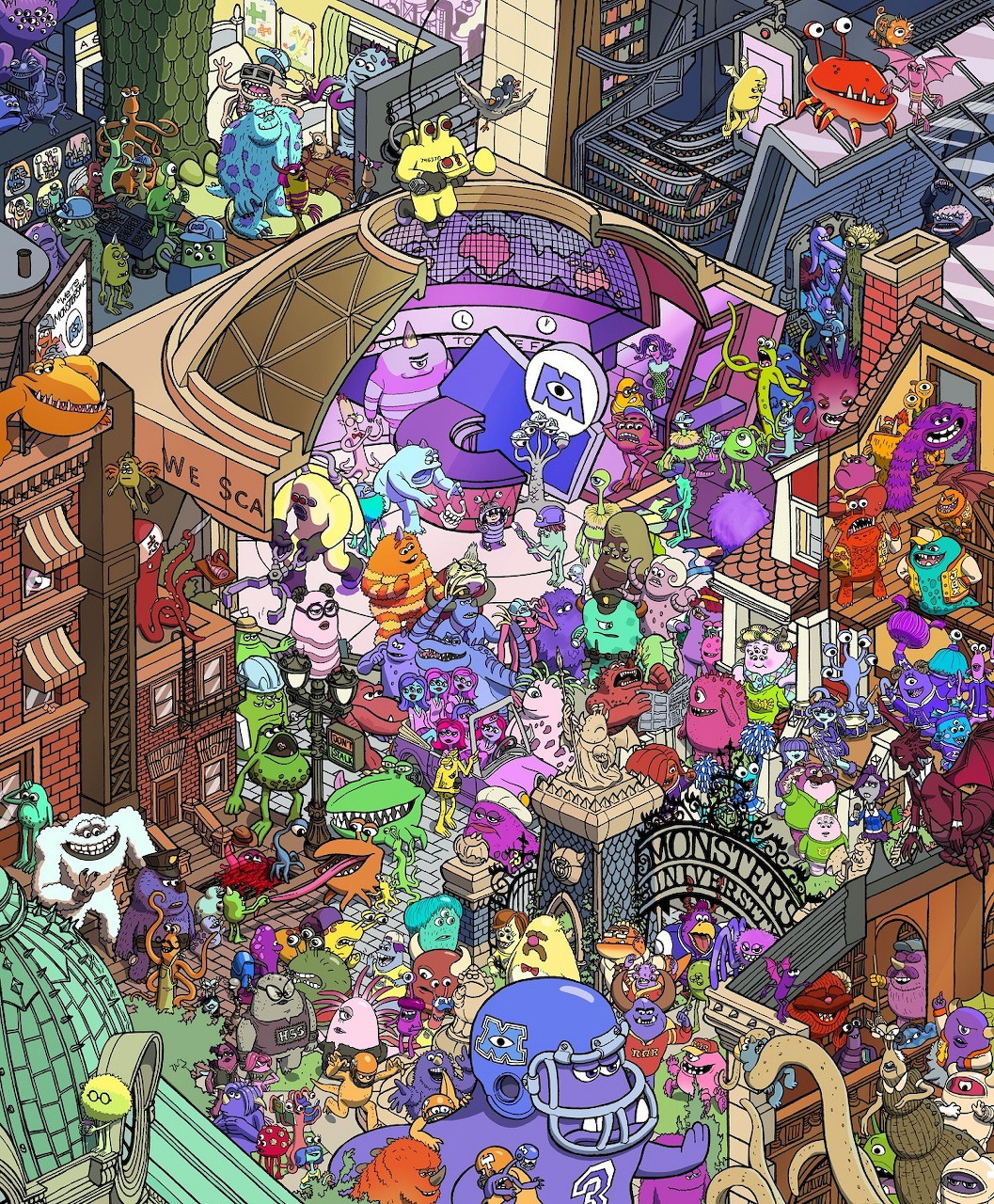 Busy isometric cartoon scene showing dozens of colorful monsters and creatures around a purple pool