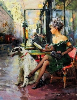 Impressionist painting of woman in black dress seated at cafe with white dog beside her on cobblestone street