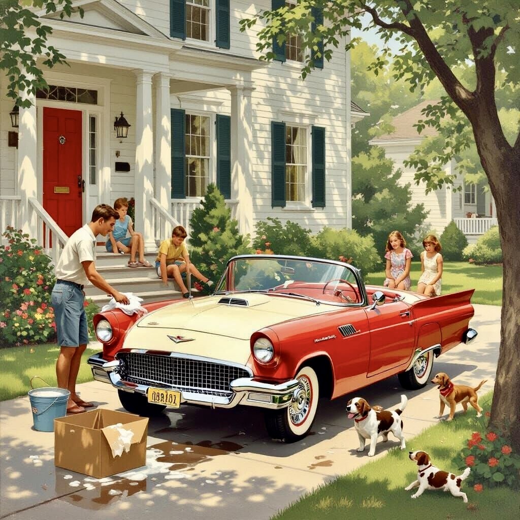 Retro illustration of family washing red 1950s convertible car in driveway with children and pets playing nearby