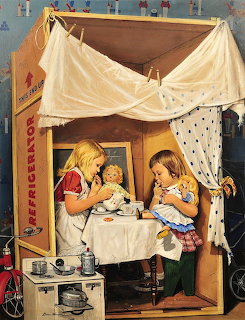 Vintage-style painting of two girls having tea with dolls in a homemade tent from a cardboard box
